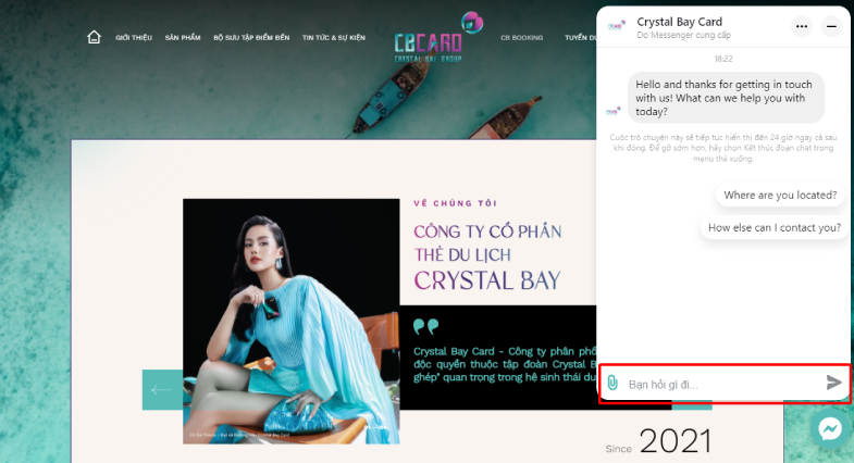 Gửi file cho Crystal Bay Card qua việc chat trực tiếp trên Website