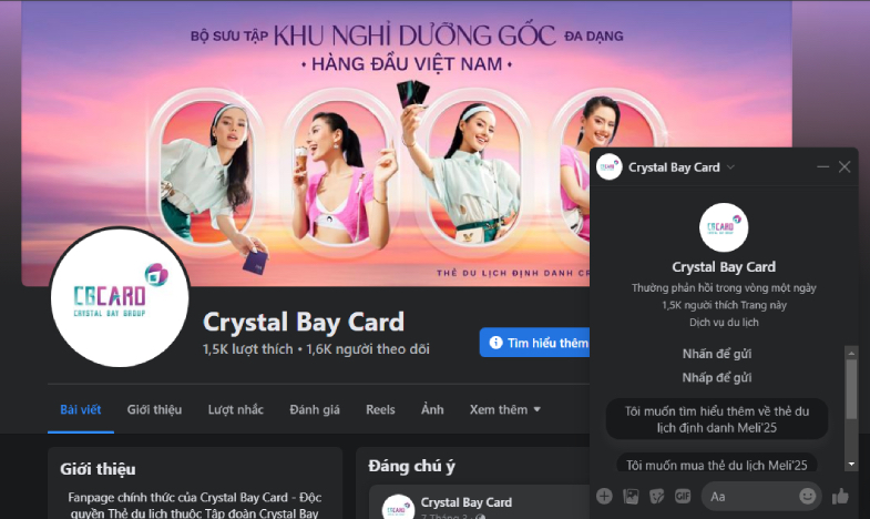 Nhắn tin trực tiếp với Fanpage của Crystal Bay Card trên Facebook.